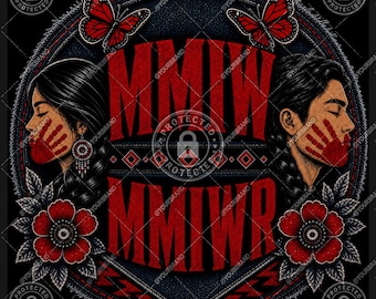 Könnte beinhalten: Kreisförmiges Design mit den roten Texten "MMIW" und "MMIWR" auf einem denimartigen Hintergrund. Es zeigt Illustrationen einer Frau und eines Mannes mit Handabdrücken im Gesicht, roten Schmetterlingen und Blumen. Geschützt durch @YOURBRAND.