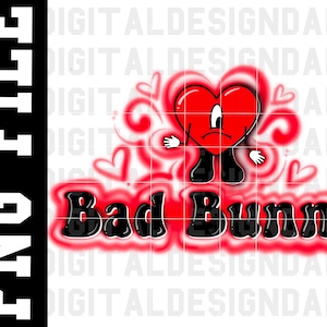 Imagen PNG con aerógrafo de Bad Bunny para el Día de San Valentín, descarga digital, diseño de sublimación Y2K de los años 90 y 2000