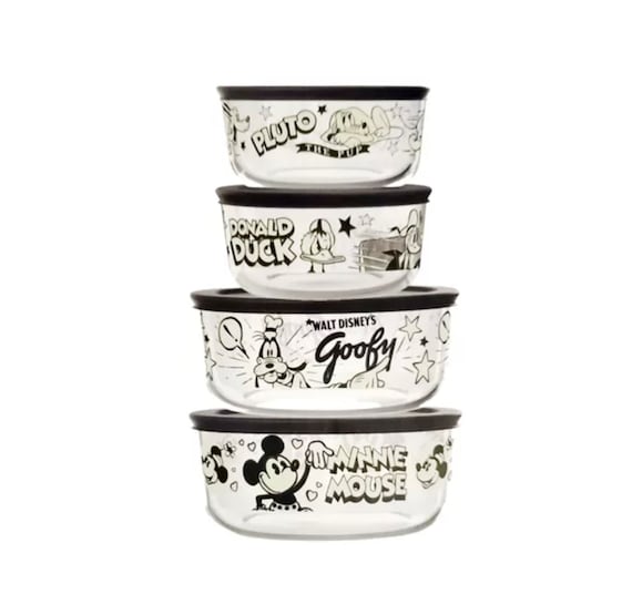 Disney Pyrex 100 Year Anniversary In Black & White 8Pc Decorated Glass Food  Storage Bowl w/Lid Set-New in Box