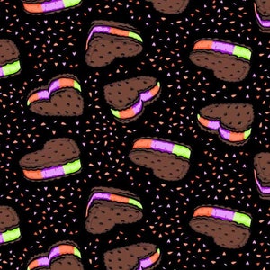Heart Ice Cream Sandwiches Printed Fabric.  Available in DBP Black/Halloween & White/Halloween.  Fabric by the yard