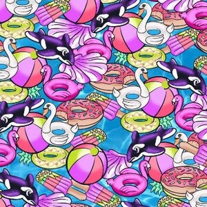 May include: A colorful and playful pattern featuring various summer-themed inflatable pool toys, including swans, flamingos, donuts, and orcas. The background is a blue and white water pattern.