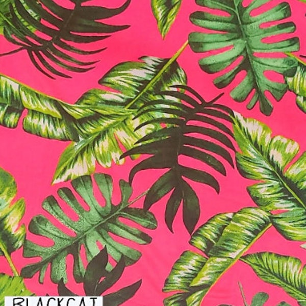 Tropical Palm Leaf Printed DBP Fabric, Neon Pink/Green  Fabric by the Yard