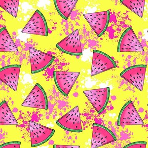Watermelon Slices with Splatter Printed DBP Fabric.  Available in White/Watermelon & Yellow/Fuchsia White.  Fabric by the yard