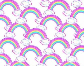 Lots of Rainbows with Clouds Printed DBP Fabric.  Available in Black/Rainbow & White/Rainbow.  Fabric by the yard.