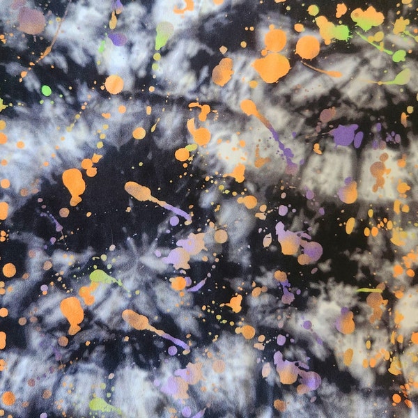 Tie Dye with Paint Splatter Printed DBP Fabric.  Available in Grey/Halloween & Grey/Pink.   Fabric by the yard.