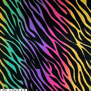 May include: Black fabric with a rainbow zebra print. The fabric has a gradient of colors, starting with yellow at the top and transitioning to green, pink, purple, and then black at the bottom. The fabric is marked with the text "BLACKCAT".