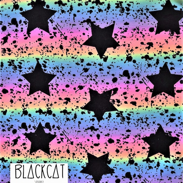 Rainbow Ombre with Stars Printed DBP Rainbow/Black.  Fabric by the yard.