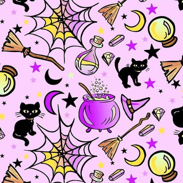 Halloween Hocus Pocus Printed DBP Fabric, Lilac/Purple.  Fabric by the yard.