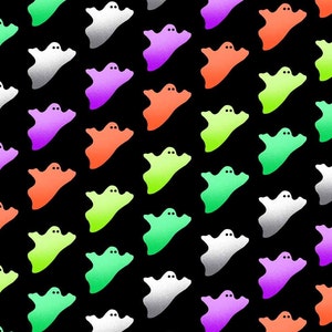 May include: A repeating pattern of colorful ghosts on a black background. The ghosts are in shades of green, purple, orange, and white.