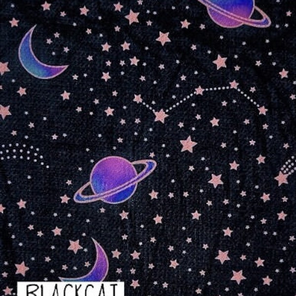 Stars & Planets Printed DBP Fabric.  Available in Black/Purple and White/Purple.  Fabric by the yard.