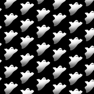 May include: A black background with a repeating pattern of white ghosts. The ghosts are all facing the same direction and have a gradient effect, with the top of the ghost being the lightest shade of white and the bottom being the darkest.