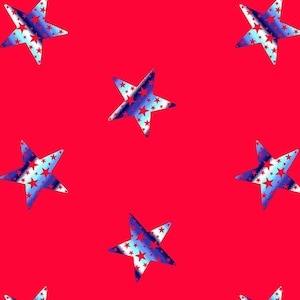May include: A red background with a repeating pattern of blue and silver stars. The stars have a red and white pattern inside.