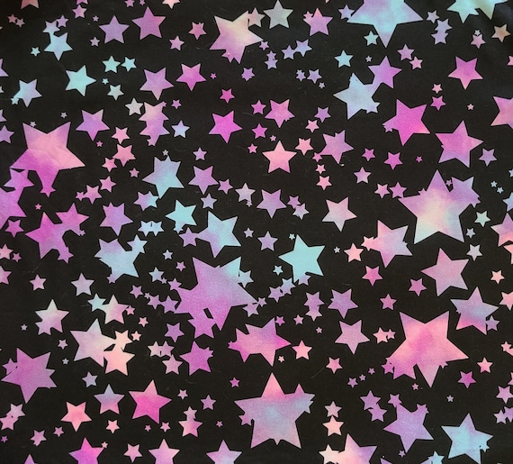 Rainbow Stars Printed DBP Fabric, Black/Pink and Black/Purple Peach.   Fabric by the yard.
