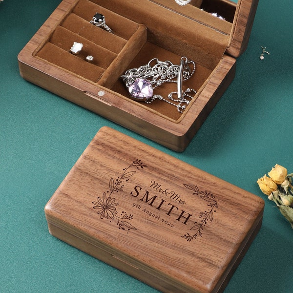 Joyero rectangular de madera personalizado con espejo interior, caja de madera grabada, regalo de boda, caja de almacenamiento de anillos, soporte para joyas