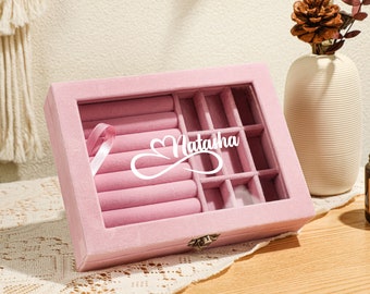 Caja de almacenamiento de joyas flocada para mujer, regalos del día de la madre, joyero transparente con tapa, expositor de joyas, joyero