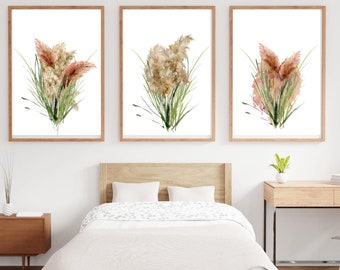 conjunto de grabados botánicos de tres, pampa, pastos ornamentales, pastos de pampas, grabado de arte descargado, estampados florales ruborizados, grabados botánicos