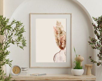 pampa, arte abstracto ruborizado, jarrón con pampas, pastos de pampas, estampados florales ruborizados, impresión de arte descargada, arte mural imprimible popular, arte mural