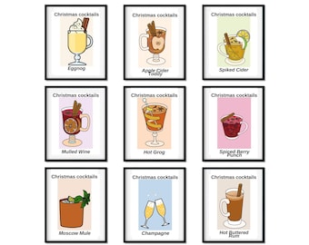 Christmas cocktail poster prints, modern Christmas decor, colorful Christmas decor, holiday cocktail prints, printable gallery, digital art