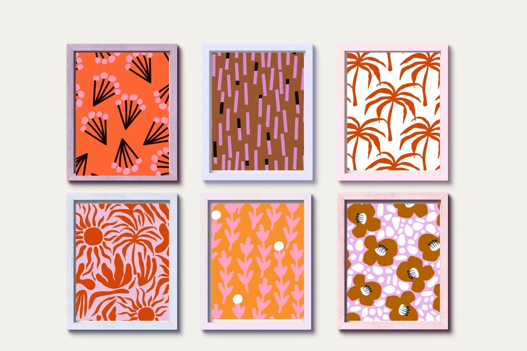 Orange and Pink Wall Art, Colorful Wall Art, Gallery Wall Art Set of 6