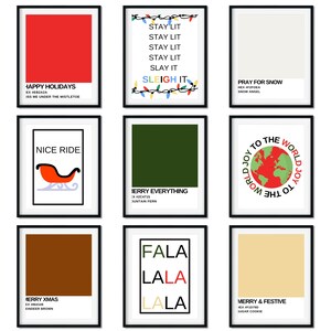 Modern Christmas decor, colorful Christmas decor, 9 Christmas wall printables, digital download holiday humor printable wall art gallery set