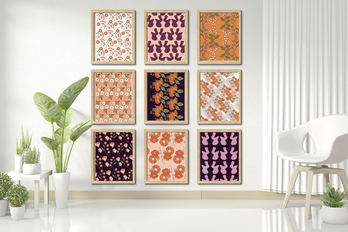 Botanical Gallery Wall Set, Retro Floral Print, Downloadable Gallery