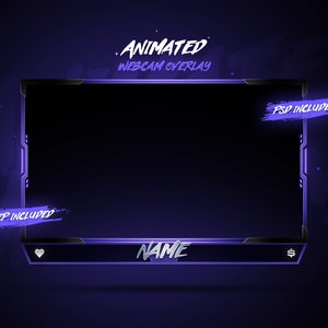 Puede incluir: Superposición de webcam animada de color morado y negro con el texto "ANIMATED WEBCAM OVERLAY" y "NAME". La superposición también incluye el texto "PSD INCLUDED" y "AEP INCLUDED".