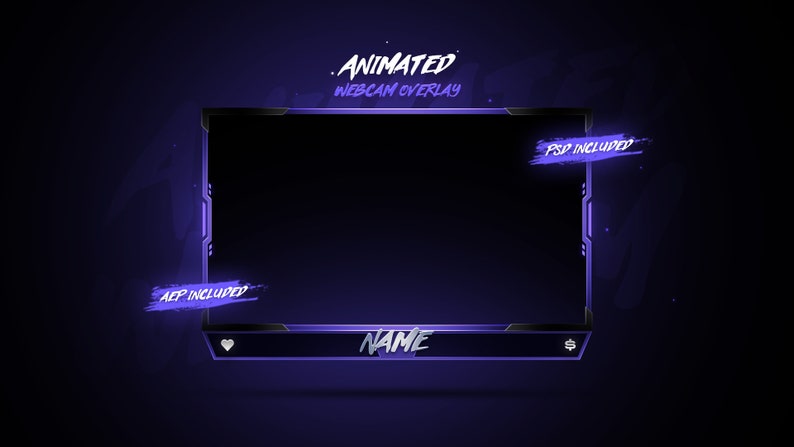 K&ouml;nnte beinhalten: Animiertes violettes und schwarzes Webcam-Overlay mit dem Text "ANIMATED WEBCAM OVERLAY" und "NAME". Das Overlay enth&auml;lt auch den Text "PSD INCLUDED" und "AEP INCLUDED".