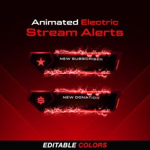 Könnte beinhalten: Animierte elektrische Stream-Benachrichtigungen mit rot leuchtenden Feuereffekten auf schwarzen rechteckigen Balken. Der obere Balken zeigt ein rotes Sternsymbol und den Text NEW SUBSCRIBER. Der untere Balken zeigt ein rotes Dollarzeichen und den Text NEW DONATION.
