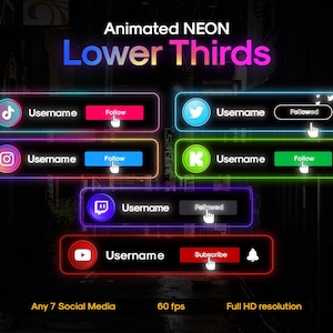 Animated Neon Social Media Popup for YouTube, Twitch, Kick Streamers and Videos || Socials Widget || Custom Animated Lower Thirds V2