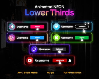 Animated Neon Social Media Popup for YouTube, Twitch, Kick Streamers and Videos || Socials Widget || Custom Animated Lower Thirds V2