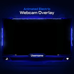 May include: Blue animated electric webcam overlay with a black screen, a username field, a heart icon, and a follow count. The overlay has a blue electric glow effect.