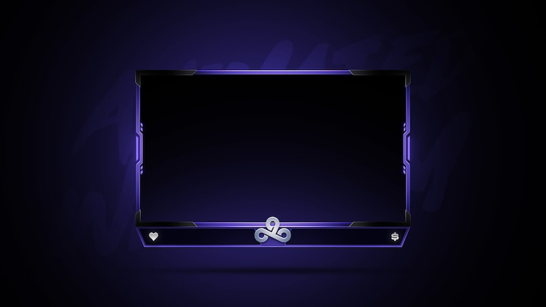 K&ouml;nnte beinhalten: Ein violettes und schwarzes Twitch-Stream-Overlay mit einem silbernen Cloud9-Logo in der Mitte.