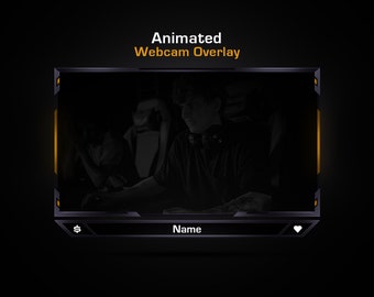 May include: A black and orange animated webcam overlay with the text "Animated Webcam Overlay" and "Name" in white. The overlay has a black frame with a yellow border and a heart icon in the bottom right corner.
