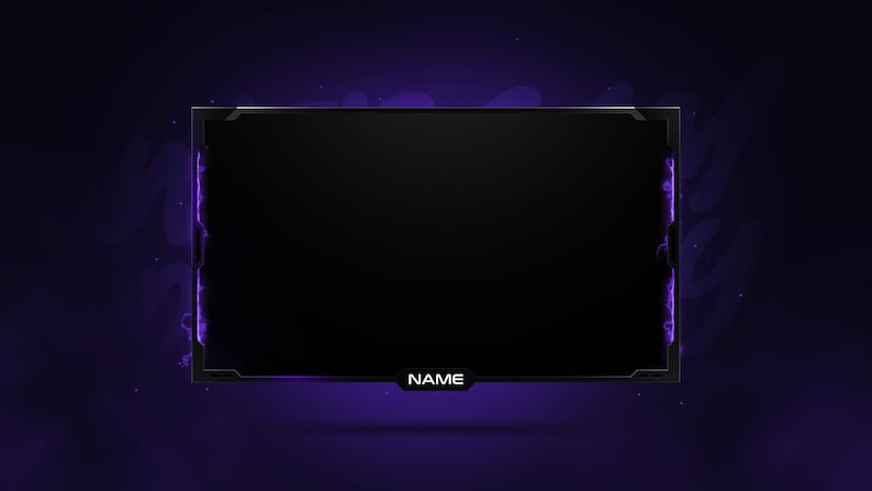 May include: A black screen with a purple glow around the edges. The screen has a white border with the word "NAME" in the center.