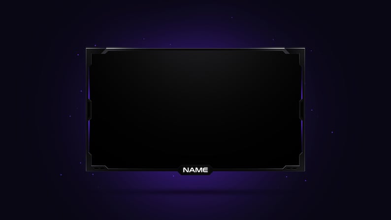 May include: A black and purple video game streaming overlay with the word "NAME" in white text at the bottom.