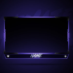 K&ouml;nnte beinhalten: Lila und schwarzes Twitch-Stream-Overlay mit einem gro&szlig;en schwarzen Rechteck in der Mitte und dem Wort "NAME" in wei&szlig;er Schrift unten.