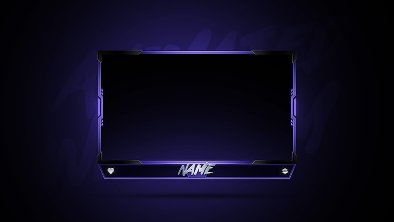 K&ouml;nnte beinhalten: Lila und schwarzes Twitch-Stream-Overlay mit einem gro&szlig;en schwarzen Rechteck in der Mitte und dem Wort "NAME" in wei&szlig;er Schrift unten.