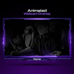 Puede incluir: Superposición de webcam animada en morado y negro con una persona en el centro. La superposición tiene el texto "Animated Webcam Overlay" en la parte superior y "Name" en la parte inferior.