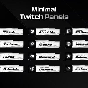 Puede incluir: Un conjunto de doce paneles rectangulares para Twitch con un esquema de color blanco y negro. Cada panel presenta un icono blanco sobre un cuadrado negro, seguido de texto blanco sobre un fondo gris claro. El texto incluye etiquetas como TikTok, About Me, PC Specs, Twitter, Gears, Website, Rules, Discord, Subscribe, Schedule, Donate e Instagram.