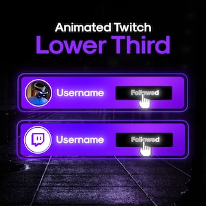 May include: Animated Twitch lower third graphic with a purple background and white text. The graphic features a profile picture of a person wearing a VR headset and the text "Username" and "Followed".