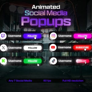 Puede incluir: Ventanas emergentes animadas para redes sociales con iconos de varias plataformas, incluyendo Twitter, Instagram y YouTube. Cada ventana emergente presenta un campo de nombre de usuario y un botón de llamada a la acción, como "Seguir" o "Suscribirse". La imagen también indica "Any 7 Social Media", "60 fps" y "Full HD resolution".