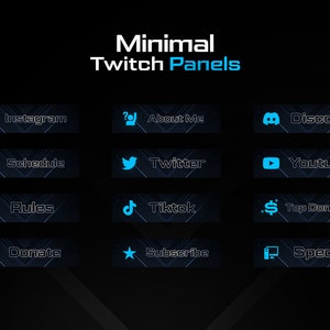 Peut inclure: Un ensemble de 10 panneaux Twitch bleus et blancs avec des icônes et du texte. Les panneaux comprennent : Instagram, À propos de moi, Discord, Horaire, Twitter, Youtube, Règles, Tiktok, Top Donateur, Faire un don, S'abonner et Spécifications.