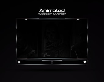 May include: Black and white animated webcam overlay with a futuristic design. The overlay has a rectangular frame with a webcam window in the center. The frame has a silver border and a white outline. The overlay also has a white dollar sign, a white heart, and a white text that says "Animated Webcam Overlay".