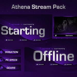 Puede incluir: Superposición de transmisión de Twitch púrpura y plateada con el texto "Athena Stream Pack" en la parte superior. La superposición incluye una pantalla de inicio, una pantalla fuera de línea y un botón de donación, especificaciones de PC y engranajes. El texto "stream is currently starting" y "stream is currently offline" está incluido en las pantallas de inicio y fuera de línea.