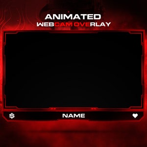 Pode incluir: Sobreposição de webcam animada vermelha e preta com o texto "ANIMATED WEBCAM OVERLAY" no topo, um retângulo preto no centro e o texto "NAME" na parte inferior.