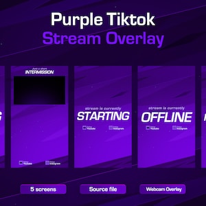 Clean Tiktok Purple Stream Overlay Pack, TikTok Streaming Overlay Pack, Tiktok Overlay Template,  Includes Source Files