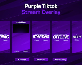 Paquete de superposición Clean Tiktok Purple Stream, paquete de superposición de transmisión de TikTok, plantilla de superposición de Tiktok, incluye archivos fuente