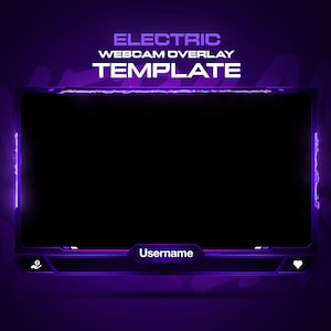 Pode incluir: Modelo de sobreposição de webcam elétrica roxo e branco com o texto "ELECTRIC WEBCAM OVERLAY TEMPLATE" e "Username".