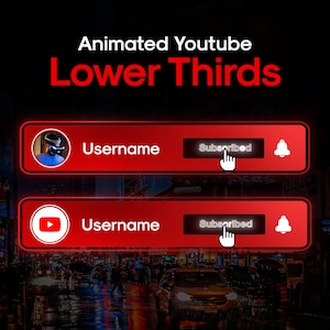 May include: Two red animated YouTube lower thirds with a white outline. The top one has a profile picture of a person wearing a virtual reality headset. The bottom one has a YouTube play button. Both have the text "Username" and "Subscribed" with a white hand icon pointing to the "Subscribed" button. Both also have a white bell icon.