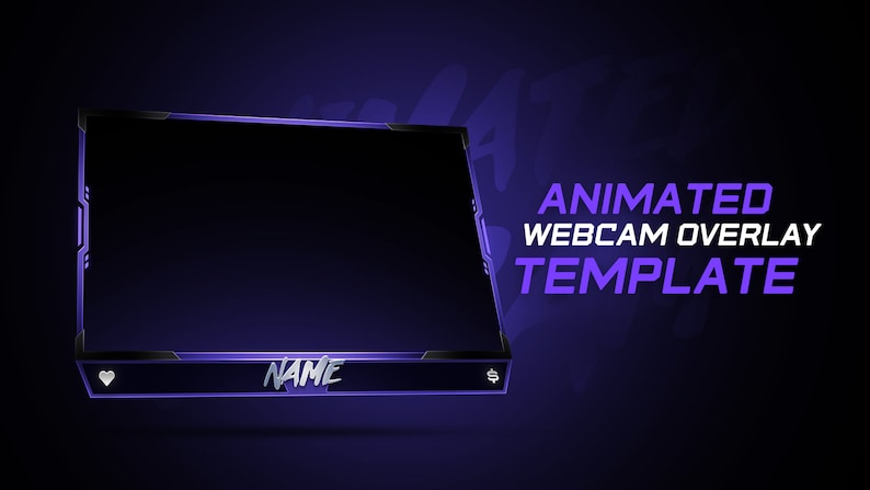K&ouml;nnte beinhalten: Lila und schwarzes animiertes Webcam-Overlay-Template mit dem Text "ANIMATED WEBCAM OVERLAY TEMPLATE" und "NAME" in wei&szlig;er Schrift.